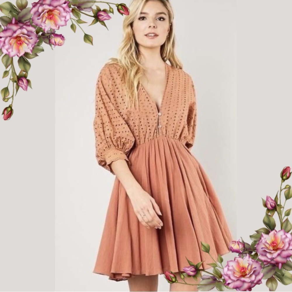 Mustard Seed Boho Eyelet Half Sleeve Peasant Top Mini Dress